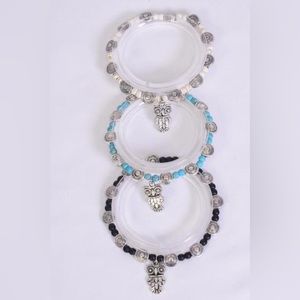 25239 Six Pack of Semiprecious Stone Owl Charm Bracelets Wholesale Lot Box